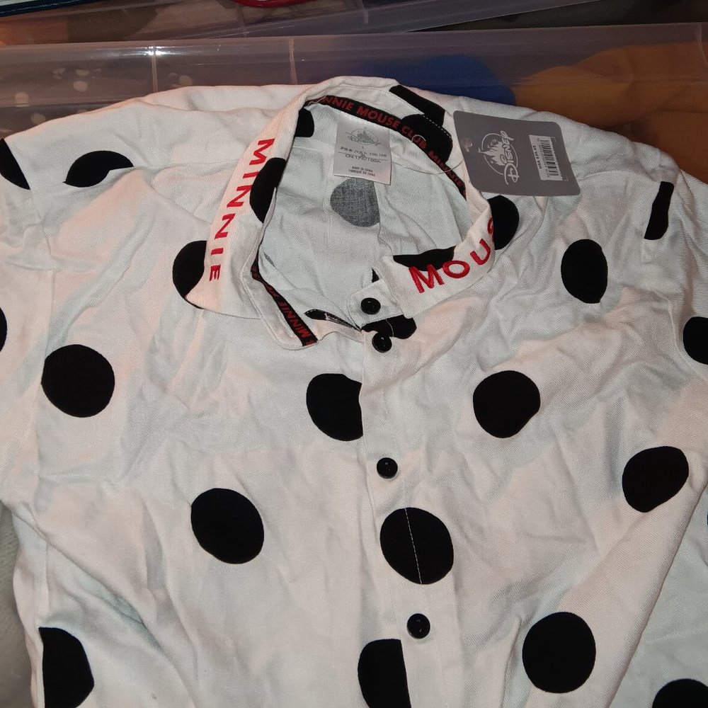 Minnie Mouse Button Down T-Shirt White With Black Polka Dots Disney Store New